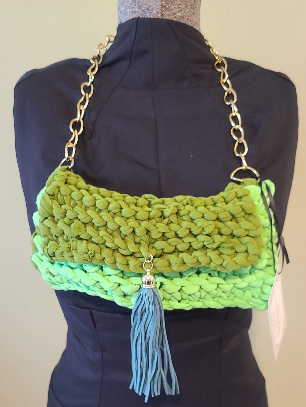 Handmade Green Knit Shoulder Bag with Tassel By Grey Dove Creations